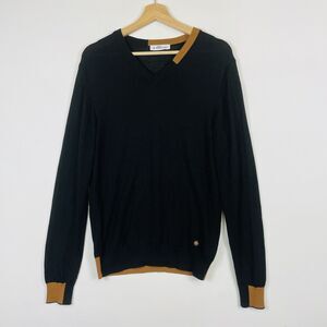 Manuel Ritz Black Brown V-Neck Merino Wool Blend V-Neck Sweater Mens Medium